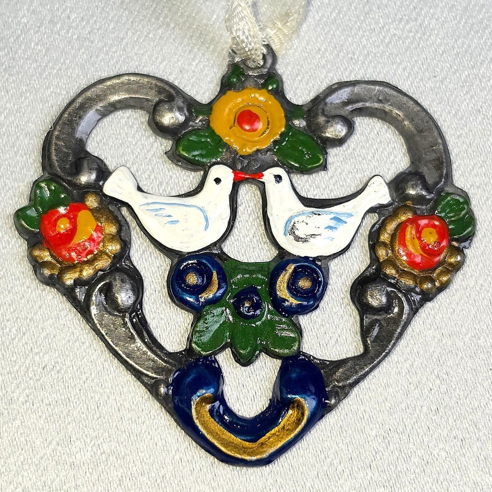 Kuhn Zinn 93% Pewter Hand Painted Ornament Vintage "Two Turtle Doves" German